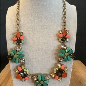 J.Crew Multicolor Floral Statement Necklace – Coral, Teal & Rhinestone Gold Tone